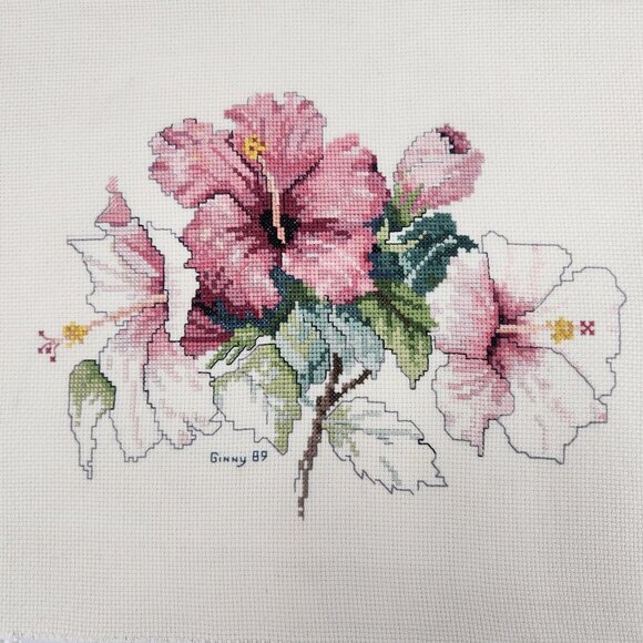 Vintage Floral Cross Stitch Art Signed 1989 Pink Off White Hibiscus Unframed - Picture 3 of 9